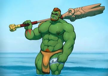 abs beard big_muscles bottomwear bulge clothing club_(weapon) ear_piercing facial_hair green_body green_skin hair holding_melee_weapon holding_object holding_weapon legs_in_water loincloth looking_at_viewer male melee_weapon muscular muscular_humanoid muscular_male navel nipple_piercing nipple_ring nipples not_furry partially_submerged pecs piercing pubes ring_piercing solo submerged_legs tattoo tusk_ring tusks vein veiny_muscles water weapon weapon_on_shoulder grisser humanoid orc 2020 absurd_res hi_res