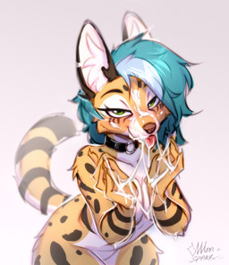 anthro big_ears bodily_fluids cum cum_in_mouth cum_inside cum_on_face cum_on_hand cum_on_tongue cum_string female genital_fluids green_eyes inner_ear_fluff looking_at_viewer nude solo spots stripes tongue tongue_out tuft sparkling_light hannah_(warest) felid feline mammal serval absurd_res hi_res