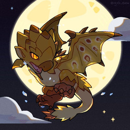 4_toes ambiguous_feral ambiguous_gender beak chibi chin_spikes claws cloud detailed_background facial_spikes feet feral flying iris markings midair moon night open_mouth orange_sclera pink_mouth pupils sky solo spiked_tail spikes spikes_(anatomy) tail talons teeth text toe_claws toes wing_markings wing_spikes wings yellow_body yellow_ears yellow_eyes yellow_wings cgxb_emw capcom monster_hunter flying_wyvern gold_rathian rath_wyvern rathian 1:1 2026 artist_name digital_drawing_(artwork) digital_media_(artwork) full-length_portrait portrait shaded female_(lore)