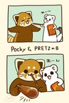 anthro biped brown_body dot_eyes duo eating food kemono open_mouth pocky_in_mouth text white_body shi_nominmin pocky pocky_and_pretz_day ailurid mammal mustelid musteline red_panda stoat true_musteline weasel 2024 hi_res japanese_text