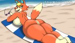 anthro beach beach_towel black_claws blonde_hair blue_eyes brown_nose butt cheek_tuft claws countershade_butt countershade_face countershade_torso countershading dipstick_tail eyelashes eyewear facial_tuft female fluffy fluffy_tail fur gloves_(marking) hair holding_eyewear holding_object holding_sunglasses leg_markings looking_at_viewer looking_back looking_back_at_viewer lying markings nude on_front open_mouth open_smile orange_body orange_fur pointy_ears prick_ears public public_nudity sand sea sharp_teeth smile socks_(marking) solo sunglasses tail tail_markings teeth towel tuft water thewholof554 animal_crossing nintendo audie_(animal_crossing) 7:4 artist_name digital_drawing_(artwork) digital_media_(artwork) full-length_portrait portrait shaded soft_shading watermark