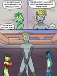 3:4 anthro anthrofied casual_nudity clothed clothing comic covering covering_crotch dialogue electrike embarrassed english_text fuze generation_3_pokemon generation_4_pokemon generation_7_pokemon generation_8_pokemon group hakamo-o hi_res jake_(fuze) jolt_(fuze) lucario male navel nintendo nipples nude pokemon pokemon_(species) pokemorph social_nudity swimming_trunks swimwear text thwackey topless towel towel_on_shoulder