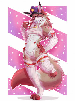 ambiguous_gender anthro clothed clothing collar fur hair hat headgear headwear looking_at_viewer male mastectomy_scar pattern_background ribbons scar security security_guard simple_background solo star-shaped_background star_polygon tail teeth topwear white_background white_body darkolynx meme_clothing darkolynx_(character) felid feline lynx mammal digital_media_(artwork) hi_res meme trans_(lore) trans_man_(lore)