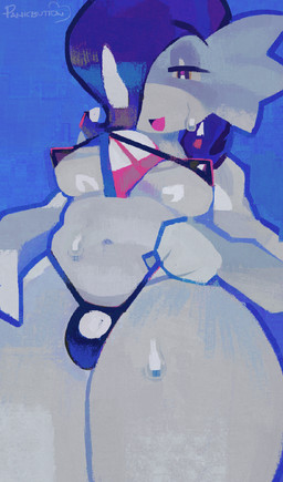 anthro bikini bodily_fluids breasts bulge clothing clothing_pull looking_down low-angle_view male mostly_nude one_eye_obstructed solo sweat sweatdrop swimwear swimwear_only two-piece_swimsuit under_boob underwear underwear_pull white_body mesubot nintendo pokemon gardevoir generation_3_pokemon pokemon_(species) hi_res