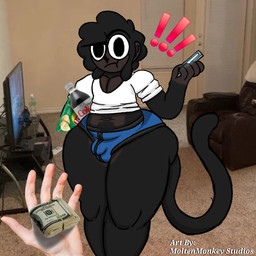 afro anthro beverage big_butt big_eyes black_body black_fur black_seam_briefs blue_briefs blue_clothing blue_underwear briefs brown_body brown_skin bulge butt chips_(food) clothing detailed_bulge duo electronics femboy first_person_view food fur human_pov living_room looking_at_viewer male money onomatopoeia phone pov_hands pubes puffy_hair shirt slightly_chubby soda solo_focus sound_effects surprised text thick_thighs topwear underwear white_clothing white_shirt white_topwear wide_hips moltenart_pixels jermaine_(moltenart_pixels haplorhine human humanoid hybrid mammal monkey primate 1:1 absurd_res hi_res