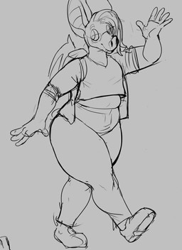 ambiguous_gender bangs belly big_eyes bottomwear clothed clothing eyebrows eyewear fangs footwear gesture glasses hair long_hair looking_aside midriff pants plantigrade raised_eyebrows shoes simple_background slightly_chubby smile solo teeth thick_calves thick_thighs tight_clothing walking waving wide_hips wings ritts morgan_(bcr) bat mammal microbat 2018 black_and_white monochrome sketch