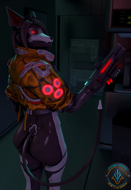 5_fingers anthro bottomless butt clothed clothed_anthro clothed_female clothing cybernetics energy_weapon female fingers footwear footwear_only furniture glowing glowing_eyes grey_body grey_hair gun hair half_clothed humanoid_hands inside jacket jacket_only looking_at_viewer machine mostly_nude multicolored_body ranged_weapon red_eyes short_hair smile solo tail topwear topwear_only weapon white_body xpasha122x petruz_(modeler) amelia_(petruz) android canid canine canis cyborg jackal mammal robot 3d_(artwork) absurd_res digital_media_(artwork) hi_res source_filmmaker_(artwork)