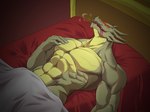 abs anthro aroused bed bed_sheet bedding bedroom biceps bodily_fluids breath claws furniture green_body male multicolored_body muscular muscular_anthro muscular_male nails nude open_mouth panting pecs red_eyes serratus simple_background solo sweat tongue tongue_out triceps two_tone_body sh1ron2 jackie_chan_adventures mythology shendu demon dragon eastern_dragon mythological_creature mythological_scalie scalie 4:3 hi_res