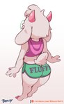 2_horns 5_fingers anthro bottomwear butt clothed clothed_anthro clothed_male clothing crop_top eyewear femboy fingers floppy_ears fur glasses green_bottomwear green_clothing green_eyewear green_glasses green_shorts hooves horn long_ears looking_away male pawpads pink_clothing pink_crop_top pink_hooves pink_horn pink_pawpads pink_shirt pink_topwear shirt short_tail shorts solo standing tail text topwear wearing_glasses white_body white_fur brachyzoid deltarune undertale_(series) ralsei bovid caprine goat mammal 2024 english_text
