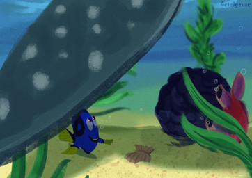 black_stripes blue_body blue_fin bubble duo female female/female feral purple_eyes rock sand seaweed shell stripes tail underwater water white_body yellow_fin yellow_tail dos6etelgeuse disney finding_dory finding_nemo pixar destiny_(finding_dory) dory_(finding_nemo) acanthurid aquatic carpet_shark fish regal_tang shark whale_shark 2026 hi_res watermark