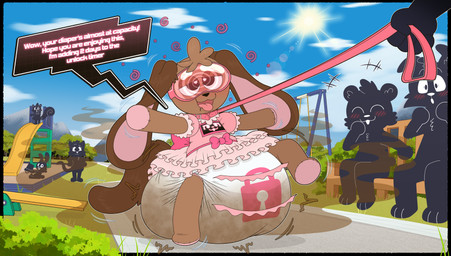 3_toes ambiguous_gender anthro bench black_border black_nose blush blush_lines bodily_fluids border brown_body brown_ears brown_tail bucket clothing cloud collar confusion container curled_tail dialogue diaper dress drooling eyes_closed featureless_feet featureless_hands feces feet floppy_ears frown furniture glare_(lighting) grass group half-closed_eyes heart_eyes heart_symbol humiliation hypnosis hypnotic_visor leash leashed_collar lock_symbol locked_diaper looking_pleasured mind_control mostly_offscreen_character mountain multicolored_body narrowed_eyes open_mouth open_smile pink_body pink_clothing pink_collar pink_dress pink_inner_ear pink_leash plant playground plushie pooping public public_humiliation saliva seam_(sewing) seesaw sentient_clothing shrub sidewalk silhouette silhouetted_body sky slide smile soiled_diaper soiling soiling_diaper solo_focus speech_bubble spiral spiral_eyes stink_fumes sun swingset tail toes tongue tongue_out unclean_diaper used_diaper using_diaper wavy_frown wavy_mouth wood wood_bench wood_furniture tenerius boy_kisser_(meme) background_character floppy_(hypnotoyskylar) animate_inanimate domestic_cat felid feline felis lagomorph leporid living_plushie mammal rabbit 2026 absurd_res hi_res meme