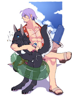 aloha_shirt anthro arm_around_shoulders bikini breasts clothing cloud digitigrade duo feet female hair male pattern_clothing pattern_shirt pattern_topwear pawpads plantigrade pool_float pool_toy scar scars_all_over shirt sky swimwear tail topwear two-piece_swimsuit unbuttoned_shirt enen666 olva_(enen666) shalulu_(enen666) felid feline human mammal hi_res