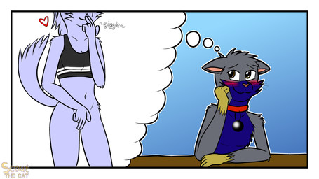 anthro big_pupils black_clothing blue_body blue_fur blush bottomless bra brown_eyes clothed clothing collar daydream dilated_pupils duo faceless_character faceless_female female finger_to_mouth fur giggling grey_body grey_fur heart_symbol male pupils solo_focus sports_bra teasing thought_bubble underwear yellow_body yellow_fur scoutthecat02 scout_the_cat_(character) domestic_cat felid feline felis mammal 16:9 hi_res widescreen
