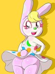 anthro blonde_hair butt clothed clothing dress female hair looking_back open_mouth open_smile polka_dot_dress polka_dots rear_view smile solo upskirt nojimmyplz animal_crossing nintendo chrissy_(animal_crossing) lagomorph leporid mammal rabbit hi_res