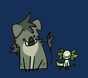 ambiguous_gender blush dot_eyes duo floppy_ears green_body green_hair hair light_body mouth_closed simple_background simple_eyes sitting transparent_background tusks unsigned swampjaws swampy_(imperatorcaesar) amphibian aquatic axolotl mammal mole_salamander salamander suid suine alpha_channel