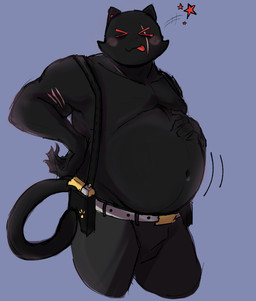 >_< anthro belt black_body black_fur blush blush_lines bottomwear clothed clothing curled_tail eye_scar eyes_closed facial_scar fur hand_on_belly holster holstered_pistol holstered_weapon male musclegut muscular muscular_anthro muscular_male navel overweight overweight_anthro overweight_male pants pants_only rumbling_stomach scar solo tail thick_neck tongue tongue_out topless porkjoshi epic_games fortnite meowscles meowscles_(shadow) felid feline mammal