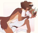 anthro blush breasts_touching_each_other brown_body brown_hair duo eyes_closed female female/female green_eyes hair horn kissing markings multicolored_body nude short_hair tail tongue two_tone_body white_body wiewsoy luno_(venys) lynn_(yizhi) felid feline hybrid lynx mammal mustelid otter hi_res