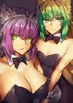 angry big_breasts blonde_hair bodily_fluids bow_(feature) bow_tie breasts bunny_costume cleavage clothed clothing costume duo female green_eyes green_hair grey_hair hair inner_ear_fluff legwear multicolored_hair purple_hair small_breasts sweat sweatdrop tights tuft melon22 fate_(series) type-moon archer_of_red atalanta_(fate) berserker_atalanta_alter animal_humanoid cat_humanoid felid felid_humanoid feline feline_humanoid humanoid mammal mammal_humanoid hi_res