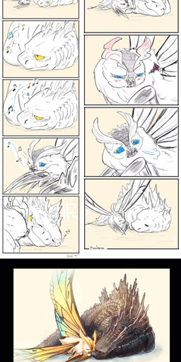 antennae_(anatomy) anthro blue_eyes blush duo eyes_closed female feral fluffy male male/female membrane_(anatomy) musical_note musical_symbol pouting simple_background singing sleeping smile spikes symbol wings yellow_eyes maruhana mrhney_zz0 godzilla_(series) monsterverse mothra_(series) toho godzilla mothra arthropod insect kaiju lepidopteran monster moth reptile scalie absurd_res digital_media_(artwork) hi_res