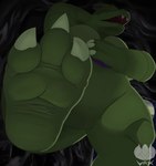 3_toes 4_fingers ambiguous_gender anthro claws featureless_crotch feet fingers foot_focus low-angle_view plantigrade soles solo toe_claws toes vaxen12 nintendo pokemon generation_2_pokemon pokemon_(species) tyranitar hi_res signature