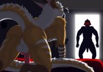 anthro anus armor bed butt duo fur furniture genitals hair headgear helmet horn humor inside male male/male male_focus nude orange_body penis stripes tail white_hair johnn_lima mythology rafarilo dragon eastern_dragon human mammal mythological_creature mythological_scalie scalie