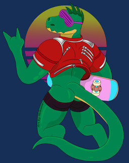 anthro biped bottomwear butt clothed clothing eyewear holding_object holding_skateboard jacket kneeling looking_at_viewer looking_back male muscular muscular_anthro muscular_male open_clothing open_shirt open_topwear partially_clothed pose shirt shorts shutter_shades simple_background skateboard solo sunglasses synthwave text topwear transparent_background vehicle conditional_dnp notkastar super_time_force zackasaurus dinosaur prehistoric_species reptile scalie 2019 alpha_channel digital_media_(artwork) english_text signature