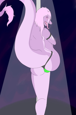 anthro armband butt clothed clothing dancing hair jockstrap long_tail looking_at_viewer looking_back male one_leg_up pink_body pink_eyes pink_hair pink_scales pole pole_dancing purple_body purple_scales raised_leg rear_view scales skimpy solo spotlight stripper stripper_pole tail thong topless underwear frostedscales mythology dragon mythological_creature mythological_scalie scalie 2015 2:3 digital_media_(artwork) hi_res