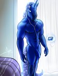 abs anthro balls bed biceps blue_body detailed_background electronics facial_hair flaccid foreskin furniture genitals glowing glowing_eyes glowing_mane glowing_tail headphones horn humanoid_genitalia humanoid_penis inside male muscular muscular_male nipples nude pecs penis phone solo sparkles sparkling_character sparkling_eyes standing tail telekinesis unretracted_foreskin bgn mythology equid equine mammal mythological_creature mythological_equine unicorn hi_res