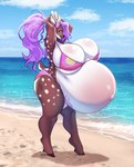 anthro antlers belly big_belly big_breasts bikini blue_eyes breasts brown_body brown_fur brown_tail clothed clothing day fur hair hooves horn huge_belly huge_breasts hyper hyper_belly hyper_pregnancy long_hair markings multicolored_body multicolored_fur outside ponytail pregnant purple_hair seaside solo spots spotted_body spotted_fur swimwear tail thick_thighs two-piece_swimsuit two_tone_body two_tone_fur white_body white_fur white_tail womb_tattoo tiggybloom dominique_(bionichound) cervine deer mammal visayan_spotted_deer 2024 hi_res signature