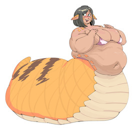 apode belly big_belly big_breasts black_hair breasts female green_eyes hair legless overweight serpentine simple_background solo split_form white_background yellow_body grindaviking draconcopode lamia reptile scalie snake 2025 hi_res
