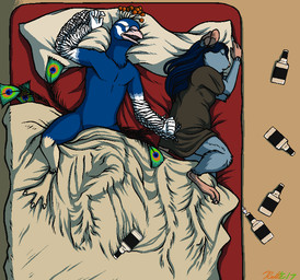 3_toes anthro avian_feet barefoot beak bed blue_body blue_feathers blue_hair bottle bottomless claws clothed clothing container convenient_censorship duo eyes_closed feathers feet female feral furniture group hair head_crest lying male nude on_back on_side paws peacock_feather sleeping spread_toes talons toe_claws toes conditional_dnp ratte knotty_curls norve avian bird galliform mammal mouse murid murine peafowl phasianid rat rodent 2017 aliasing censored digital_media_(artwork)