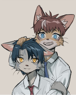 accessory anthro blue_eyes blue_hair clothed clothing duo fur hair male male/male male_anthro necktie shirt smile topwear whiskers yellow_eyes pacorstudio chen_(pacorstudio) rui_(pacorstudio) felid feline mammal 4:5 hi_res