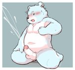 anthro balls blue_body blue_fur blush bodily_fluids cum cumshot ejaculation erection eyes_closed fur genital_fluids genitals hands-free male nipples nude orgasm_face penis slightly_chubby solo white_body white_fur young young_anthro owule bonasiah full_attack sophring_hao bear mammal 2020