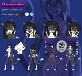 angry anthro aroused aroused_face big_breasts black_body black_fur black_hair blue_eyes blush breasts butt clothed clothing female footwear fur genitals hair happy heart_symbol nipples nude nude_anthro nude_female purple_clothing purple_shirt purple_t-shirt purple_topwear sad shirt shoes smile smiling_at_viewer sneakers socks solo sports_uniform t-shirt tail text tongue topwear vulva pak009 amanda_(smile4amanda) domestic_cat felid feline felis mammal tuxedo_cat absurd_res english_text hi_res model_sheet