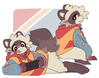 abstract_background ambiguous_gender anthro bottomless cheek_tuft clothed clothed_anthro clothing facial_tuft fluffy fluffy_tail gaming hoodie leg_markings looking_at_viewer lying markings on_side smile socks_(marking) solo tail topwear tuft ruedeath nintendo nintendo_switch marsh_(ruedeath) mammal mustelid musteline true_musteline weasel 2025