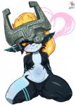 2019 armor blush breasts changbae cute_fangs female genitals hair headgear helmet hi_res humanoid humanoid_pointy_ears looking_at_viewer markings midna multicolored_body multicolored_skin nintendo nipples not_furry nude orange_hair pussy short_stack small_breasts smile solo the_legend_of_zelda twili twilight_princess yellow_sclera