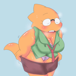 anthro big_breasts bodily_fluids bottomwear bottomwear_down bra breasts cleavage clothed clothing eyes_closed eyewear female glasses heat_(temperature) necktie non-mammal_breasts panties rectangular_glasses round_glasses scales shirt skirt_down slightly_chubby slightly_chubby_female solo sweat sweat_stain tail thick_tail thick_thighs topwear underwear undressing yellow_body yellow_scales alpi deltarune undertale undertale_(series) alphys lizard reptile scalie 2021 archived_source hi_res