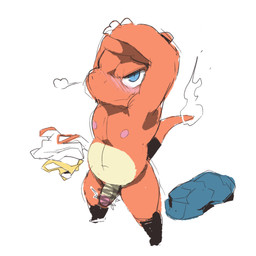 anthro balls blush censored_genitalia censored_penis cheeky clothing clothing_aside embarrassed erection genitals male navel nipples nude_male orange_body orange_scales raised_arms scales simple_background solo tail white_background moesouna_gomi nintendo pokemon charmeleon generation_1_pokemon pokemon_(species) 1:1 2026 censored