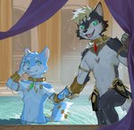 accessory anthro armlet armwear black_body black_fur blep blue_body blue_fur blush bracelet chain clothing collar convenient_censorship curtains detailed_background duo fluffy fluffy_tail fur furgonomics gold_(metal) gold_collar gold_jewelry green_eyes hair hand_holding hot_spring jewelry looking_at_another male male/male metal_collar nude open_mouth partially_submerged pillar raised_tail smile steam tail tail_accessory teeth tongue tongue_out waist_accessory water wet white_body white_fur kun_blackcat matches_(matches_uwu) canid canine canis domestic_dog mammal shiba_inu spitz digital_media_(artwork) hi_res