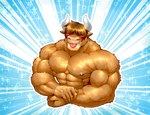 5_fingers anthro big_muscles blush brown_body brown_fur brown_hair brown_nipples facial_piercing fingers flexing fur hair horn huge_muscles humanoid_hands lip_piercing male muscular muscular_anthro muscular_male nipples piercing pink_tongue smile solo tongue tongue_out white_hair white_horn titandraugen deadanthro_(character) bovid bovine cattle mammal 2020 hi_res