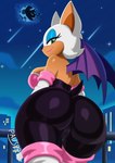 anthro bat_wings big_breasts big_butt breasts bubble_butt butt butt_focus camel_toe female hair logo looking_at_viewer looking_back membrane_(anatomy) membranous_wings moon solo star text white_hair wings pauser95 sega sonic_the_hedgehog_(series) rouge_the_bat bat mammal absurd_res artist_logo artist_name hi_res