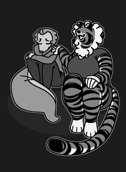 anthro black_bottomwear black_clothing black_ears black_eyebrows black_nose black_stripes bottomwear cheek_tuft circle_eyebrows claw_fingers closed_smile clothed clothed_anthro clothed_female clothing comforting comforting_another duo eyebrows eyes_closed facial_markings facial_tuft female female/female grey_clothing grey_finger_claws grey_topwear hand_on_knee hand_on_leg hand_on_shoulder head_markings inner_ear_fluff long_tail looking_at_another looking_at_partner markings mouth_closed neck_tuft pseudo_hair scale_hair scales scaly_tail sitting sitting_together small_ears smile smiling_at_another smiling_at_partner striped_face striped_legs striped_markings striped_tail stripes tail tail_markings thick_tail topwear tuft white_fingers white_hands white_inner_ear white_inner_ear_fluff white_paws white_tuft highlandkall li_(highlandkall) naomi_(highlandkall) felid mammal pangolin pantherine 2025 digital_drawing_(artwork) digital_media_(artwork) hi_res monochrome