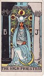 black_hair card clothed clothing crescent_moon cross detailed_background female hair holding_object holding_scroll human_only looking_at_viewer major_arcana moon not_furry pillar pomegranate roman_numeral scroll sitting solo tarot tarot_card text the_high_priestess_(tarot) torah pamela_colman_smith human mammal 1910 20th_century ancient_art english_text hi_res signature