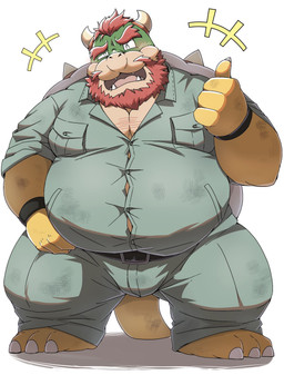 anthro barazoku beard belly big_belly blush bottomwear clothing facial_hair gesture hand_gesture humanoid_hands kemono male open_mouth overweight overweight_male pants shirt simple_background solo standing thumbs_up topwear emufu mario_bros nintendo bowser koopa scalie 2025 hi_res