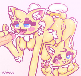 anthro areola arm_tuft big_areola blep blue_eyes blush bodily_fluids breasts breath cleavage clothed clothing cum cum_on_face duo elbow_tuft fangs fellatio female genital_fluids genitals hand_on_penis handjob head_tuft heart_eyes heart_symbol holding_breast humanoid_genitalia humanoid_penis inner_ear_fluff looking_at_another looking_at_viewer male neck_tuft offscreen_character offscreen_male one_eye_closed open_mouth oral pawpads penile penis pointy_ears presenting presenting_vulva rear_view saliva saliva_string sex simple_background sweat sweatdrop teeth tongue tongue_out tuft vaginal_fluids vulva waist_tuft not_anim unnamed_character ambiguous_species felid feline mammal digital_drawing_(artwork) digital_media_(artwork)