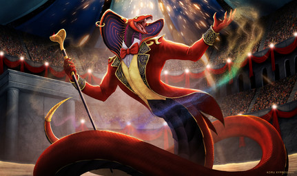 ambiguous_gender anthro apode bow_tie claws clothing coat detailed_background detailed_scales fangs finger_claws forked_tongue furgonomic_piercing furgonomics group holding_object holding_staff inside legless long_tail piercing pupils red_body red_clothing red_coat red_scales red_topwear sand scales serpentine sharp_teeth slit_pupils snake_hood snout solo_focus stadium staff tail teeth tongue topwear yellow_eyes koruxypress draconcopode naga reptile scalie snake 2025 detailed shaded