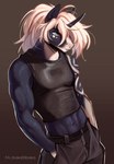 anthro arm_tattoo athletic blonde_hair clothing crop_top ear_piercing facial_piercing fluffy fluffy_hair hair horn lip_piercing male messy_hair midriff navel piercing ponytail shirt simple_background solo spandex tank_top tattoo tight_clothing topwear unicorn_horn bakas0baka mythology equid equine mammal mythological_creature mythological_equine unicorn hi_res sketch