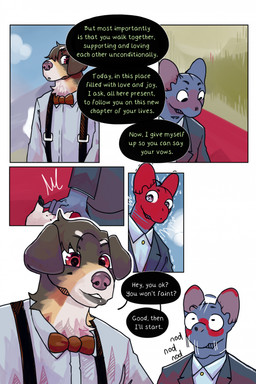 anthro biped clothed clothing dialogue duo flushed formal_clothing fully_clothed group hairless hand_holding male nodding text wedding bastriw fernando_(bastriw) pato_(bastriw) canid canine canis domestic_cat domestic_dog felid feline felis mammal comic english_text hi_res multiple_images multiple_scenes