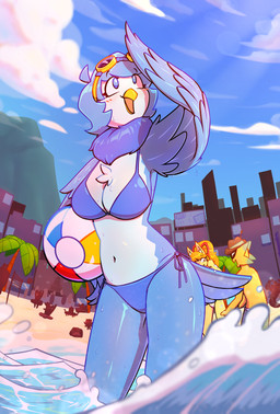 anthro arched_back ball beach beach_ball belly bikini blue_bikini blue_body blue_clothing blue_eyes blue_feathers blue_sky blue_swimwear blush breasts chest_tuft clothing cloud countershade_torso countershading day detailed_background eyelashes eyewear eyewear_on_head feathers female glistening glistening_body goggles goggles_on_head group hand_on_hip inflatable navel neck_tuft no_pupils non-mammal_breasts non-mammal_hair non-mammal_navel outside palm_tree plant ruff side-tie_bikini sitting sky smile solo_focus standing string_bikini swimwear tail tail_feathers tied_bikini tree tuft two-piece_swimsuit wave white_body white_countershading wings 87_god undertale undertale_(series) undertale_yellow ceroba_ketsukane jerry_(undertale) martlet_(undertale_yellow) starlo_(undertale_yellow) avian bird canid canine fox mammal 2024 absurd_res digital_media_(artwork) hi_res portrait three-quarter_portrait