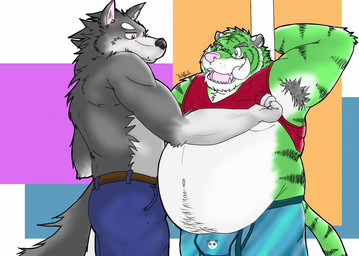 anthro belly big_belly bottomwear bulge clothing duo green_body grey_body kemono male male/male overweight overweight_male pants pink_nose underwear white_body vvolfaith canid canine canis felid mammal pantherine tiger wolf 2015